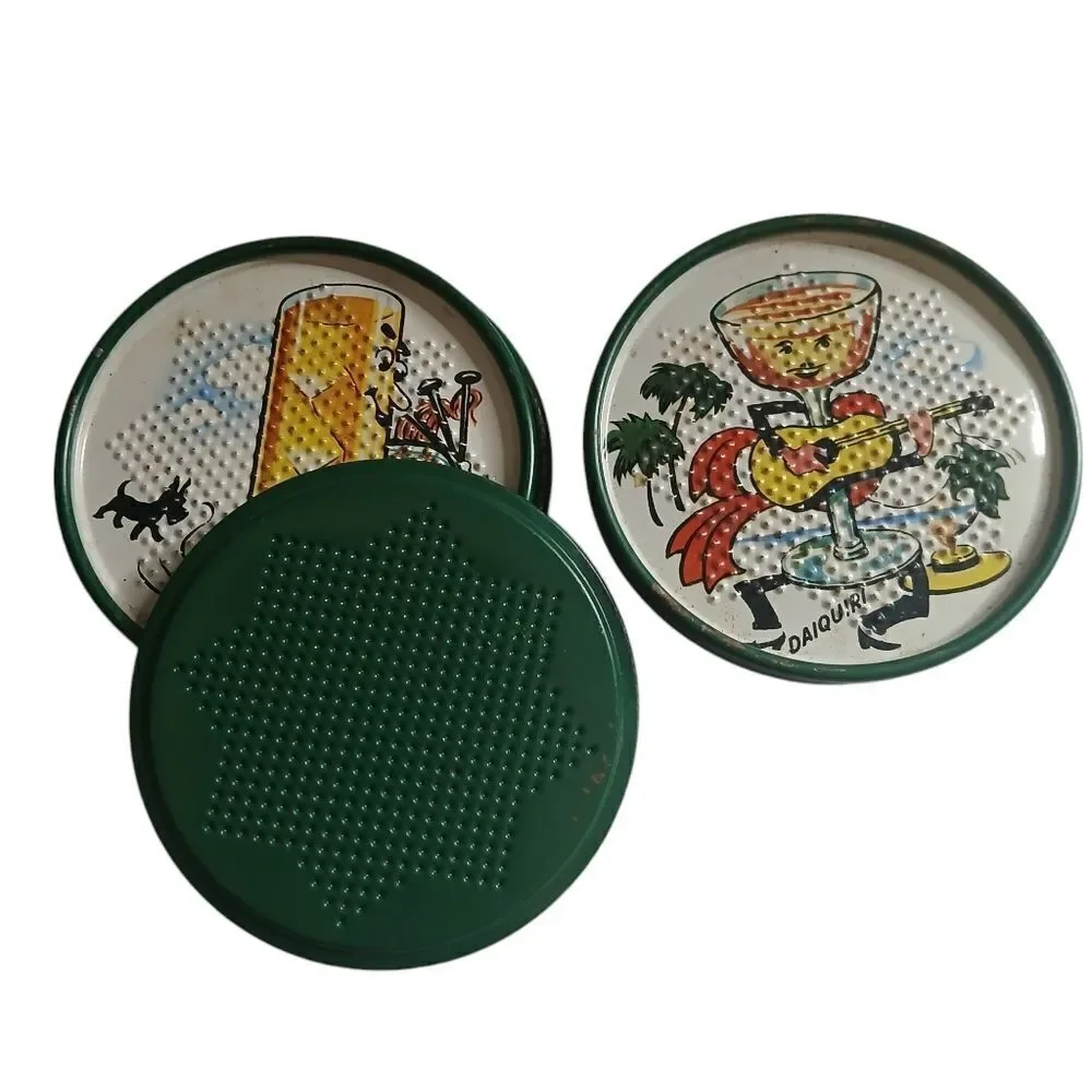 1950's Tin Litho Drink Coasters Scotch Soda Daiquiri Vintage 8 Set